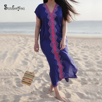 

Cotton Long Beach Cover up Sarong Beach Dress Embroidered Bikini Cover up Robe de Plage Pareo Beach Swimsuit Cover up Beachwear