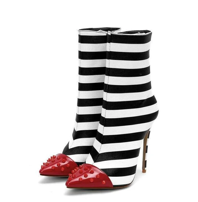 

US4-11 Women's Black White Zebra High Heels Booties Red Stripe Toe Stilettos Shoes Rivet Studs Pointed Toe Ankle Boots Plus SZ