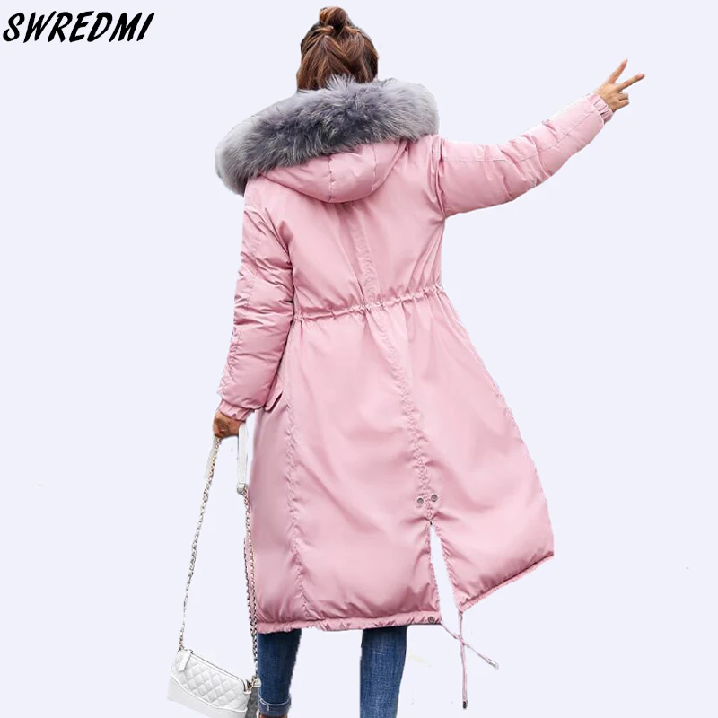 

SWREDMI 2019 New Slim Casual Pink Winter Coat Women Fur Collar Hooded Thicken Warm Parkas Plus Size Down Cotton Jackets Girls