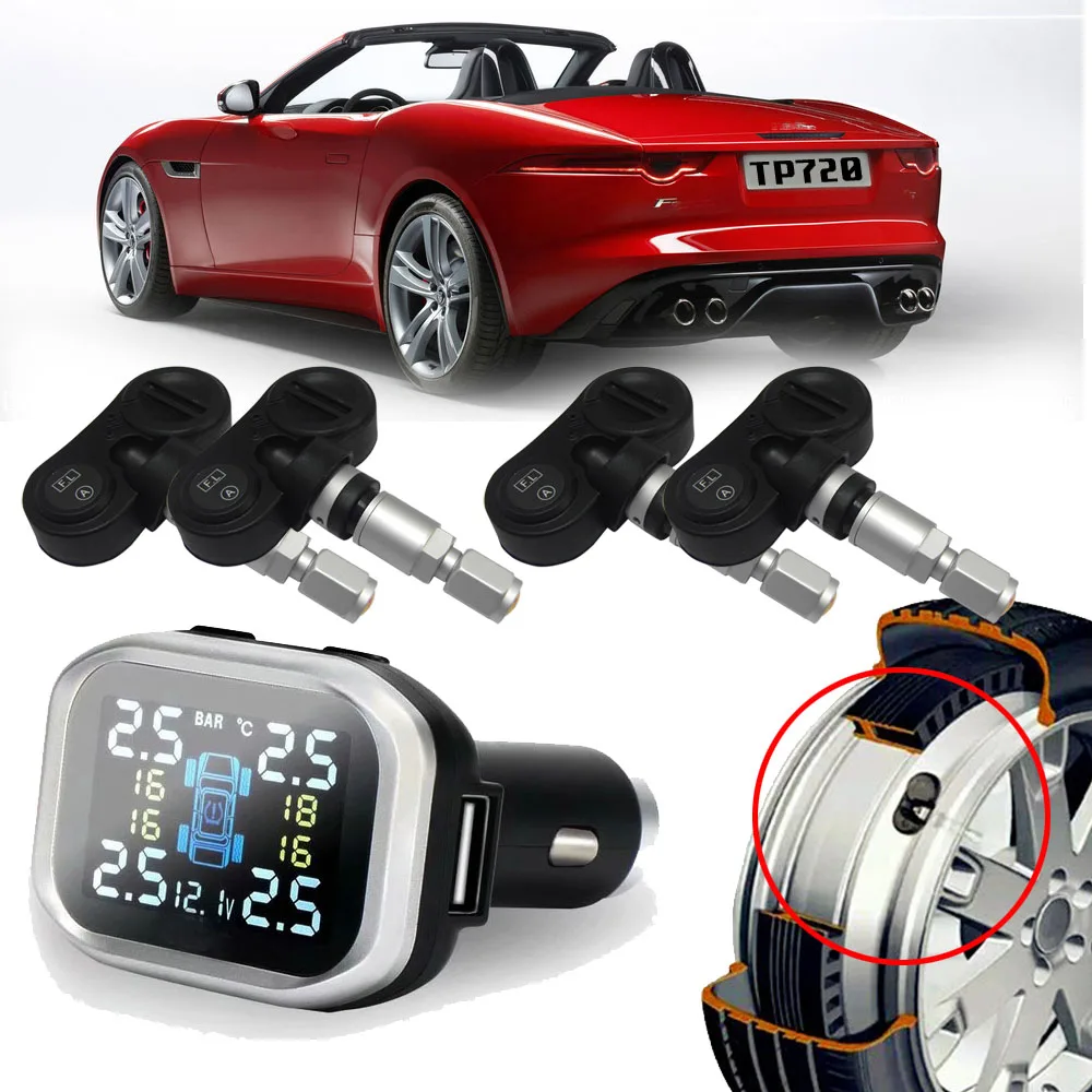 

TP720 Internal Tire Pressure Monitoring System with 4 Sensors Temperature Warning USB Charging Port&Voltage Digital LCD Display