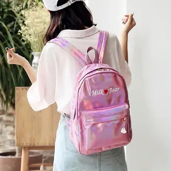 

Travel Bags Silver Blue Pink Laser Backpack Women Girls Bag PU Leather Holographic Backpack School Bags for Teenage Girls