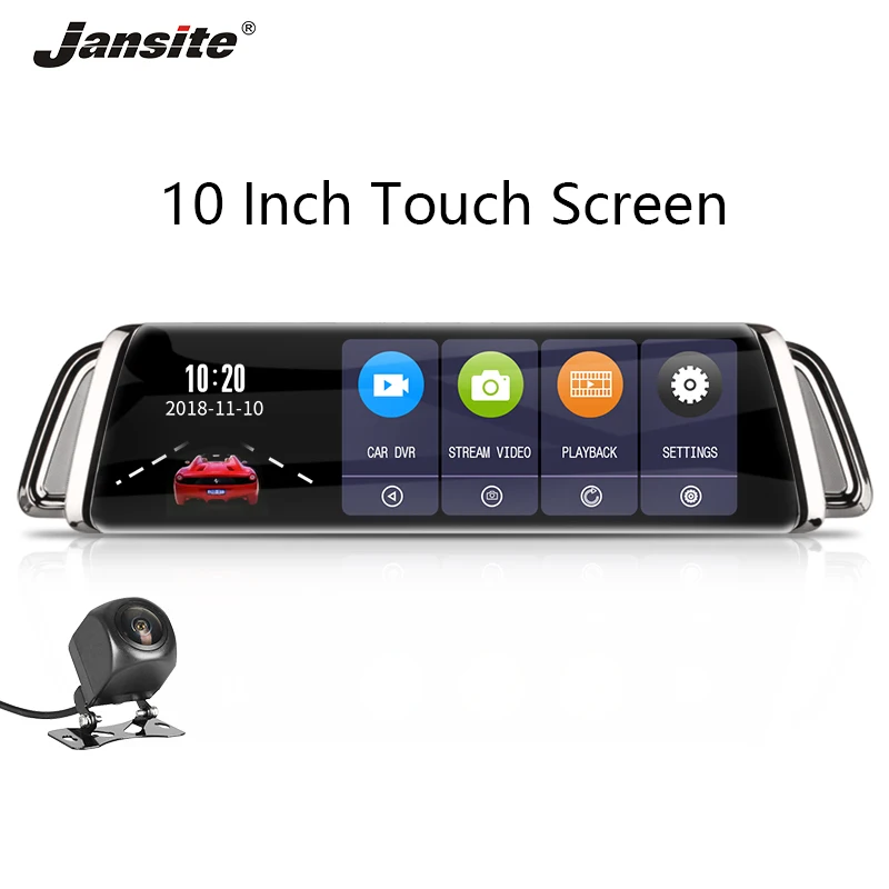 

Jansite 10" IPS Touch Screen Car DVR Stream Video Anti-glare G-Sensor Night Vision Mirror Dual Lens reverse image Large View