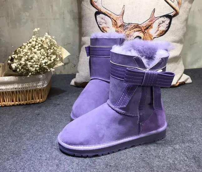 Г. австралийские ботинки из овечьего меха и кожи зимние женские ботинки из овечьей кожи с бантиком, Нескользящие, высокое качество - Цвет: Лаванда