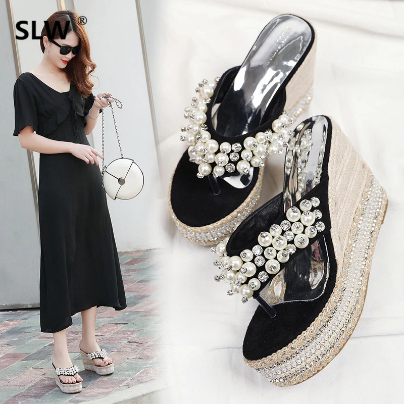 

Glitter Slides Slippers Platform String Bead On A Wedge Shoes Without Heel Flock Ladies Flip Flops Women Heels