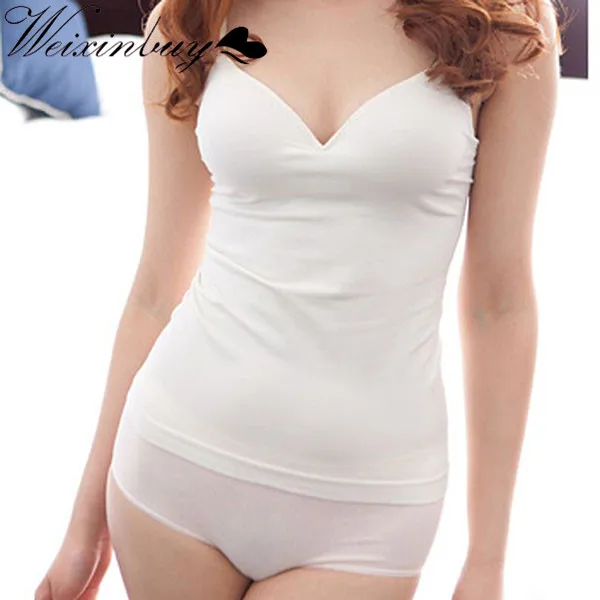 

WEIXINBUY Fashion Sexy Women Padded Bra Tops V Neck Camisole Solid Straps Push Up Ladies Camis Bra Women Vest Tank