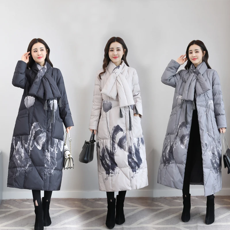 Winter Jacket Women Down Coat 2018 Fashion New Printing Parka Long Round neck High-end Covered Button Warm Female Outerwear l827 Winter Jacket Women Down Coat 2018 Fashion New Printing Parka Long Round neck High-end Covered Button Warm Female Outerwear l827