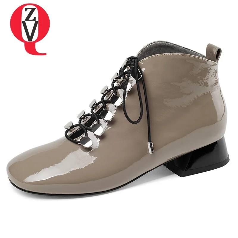 

ZVQ 2018 hot sale popular new patent leather women shoes low square heel lace-up square toe metal decoration casual ankle boots