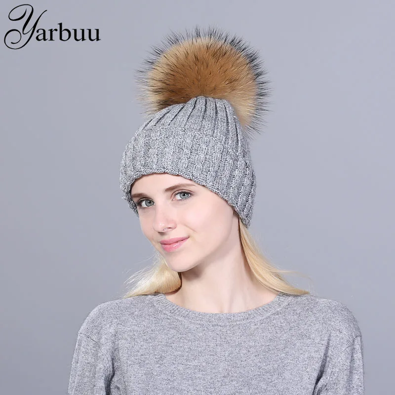 

[YARBUU] real mink Fur Pom Poms Hat Female Warm Wool Women's Cap Knitted Girl Winter Hats 2017 solid casual skullies Beanies
