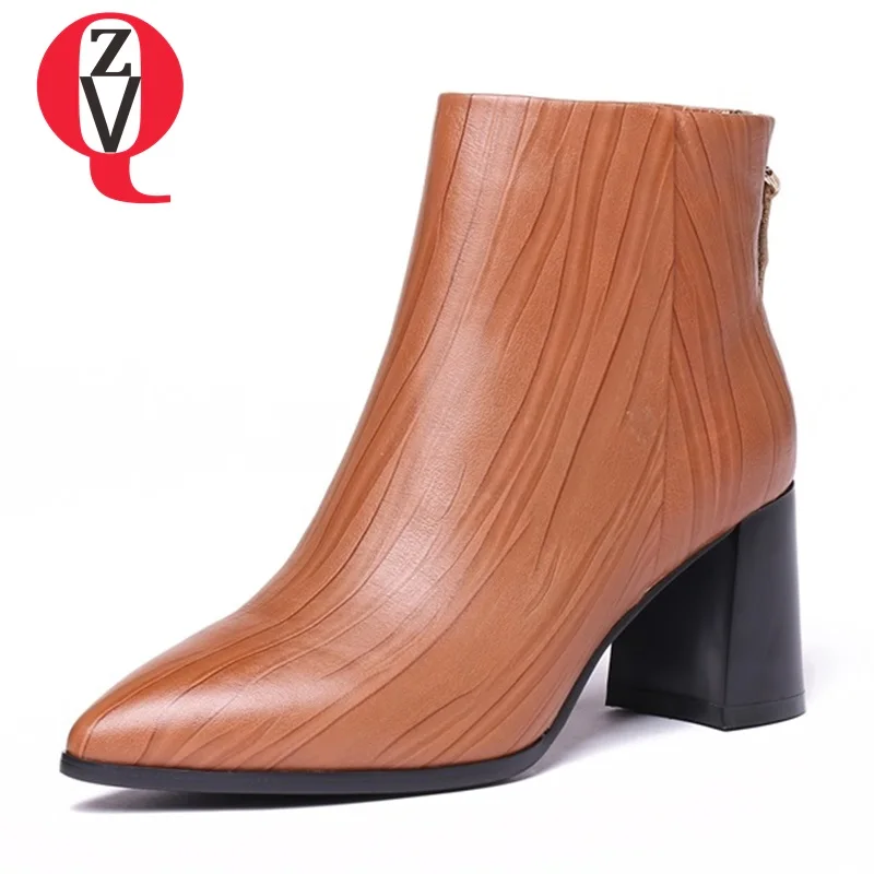 

ZVQ women pointed toe zipper ankle boots 2018 fashion new genuine leather high heels ladies office dress footwear big size33-43