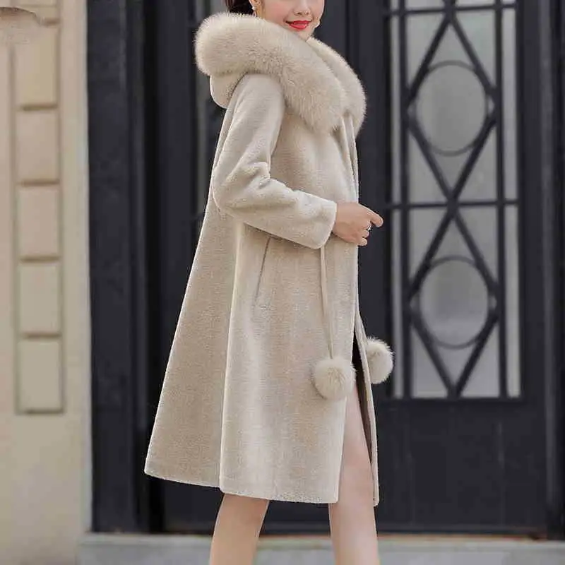 Real Natural Wool Long Coat With Fox Fur Hooded Full Belt Thick Warm Solid Slim Pockets Populaer Elegence | Женская одежда