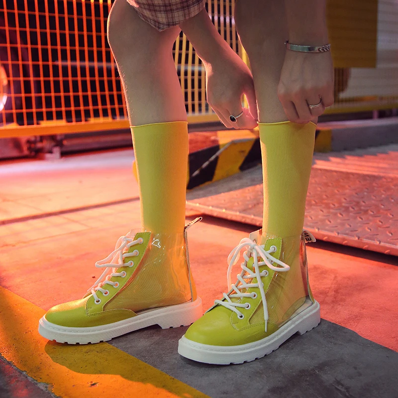 

2019 Spring Women Transparent Boots Cross-tied Round Toe Solid Clear Chunky heels Fashion Students Girls Shoes Mujer Women Boots
