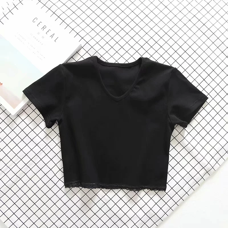 Женская мягкая и эластичная хлопковая укороченная футболка с v-образным вырезом и кружевной отделкой - Цвет: black