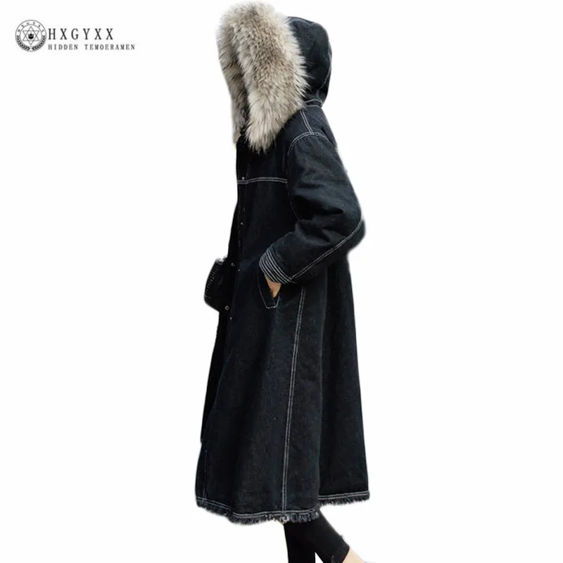 

2019 Denim Outerwear Big Fur Collar Long Winter Jacket Female Wadded Coat Loose Plus Size Warm Lamb Wool Military Parka Okb439