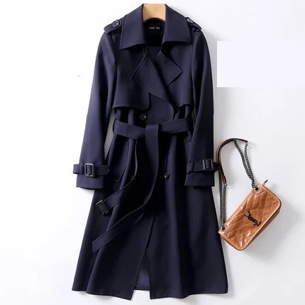 Модная весенняя Осенняя ветровка Женская длинная куртка новая Корейская тонкая двубортная приталенная шикарная куртка женская верхняя одежда - Цвет: Navy