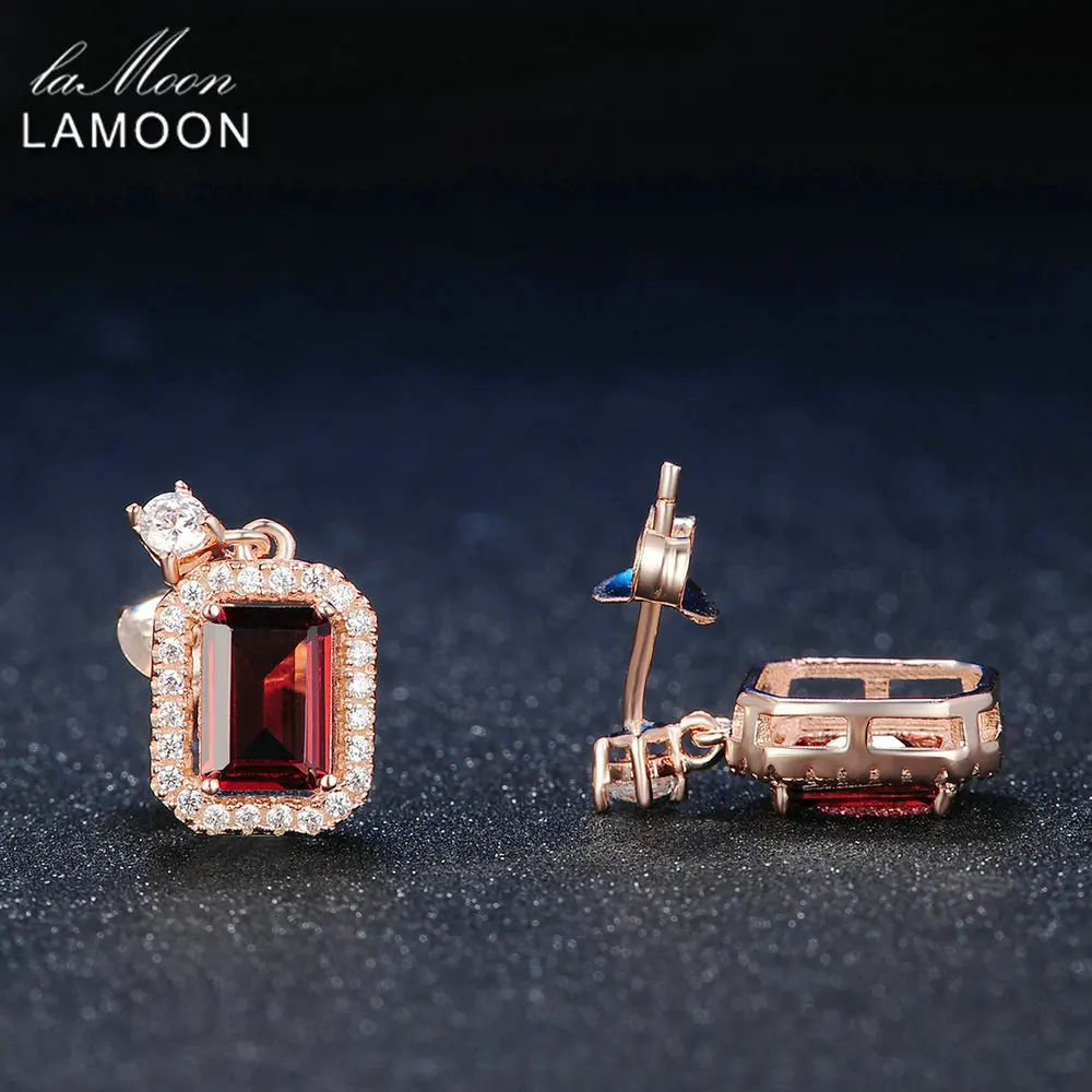 LAMOON Crystal Drop Earrings For Women Classic 1.1ct 100% Natural Red Garnet 925 Sterling Silver S925 Fine Jewelry LMEI025