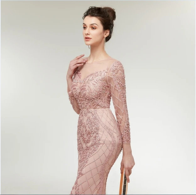 Robe De Soiree длинное вечернее платье телесного и розового цвета с длинными рукавами