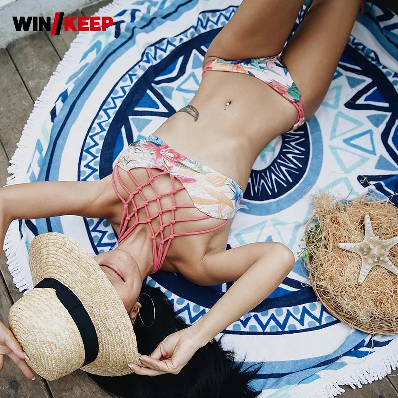 

2018 Vintage Brazilian Floral Printed Women Beach Holiday Bikini Set Padded Push Up Bathing Suit Sexy Halter Triangle Swimsuit