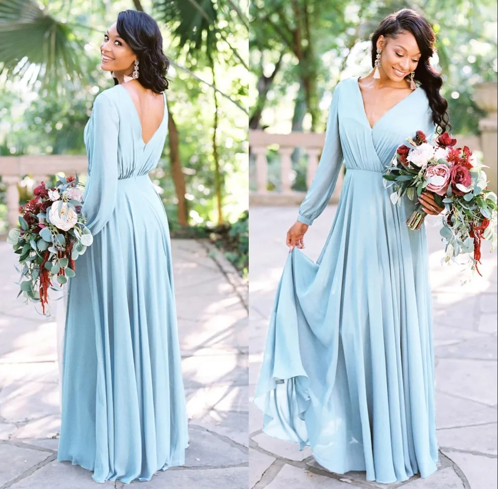 

Elegant Country Style Chiffon Bridemaid Dresses Long 2019 A Line V Neck Long Sleeves Maid of Honor Gowns Wedding Party Gown