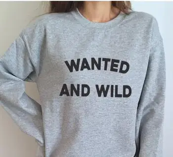 

wanted and wild Letters Print Women Sweatshirt Jumper Casual Hoodies For Lady Funny Gray Hipster Street Yong TZ-136