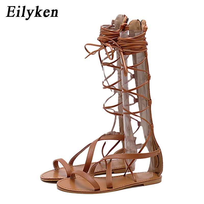 

Eilyken Summer Women Sandals Strappy Open Toe Knee High Gladiator Sandals Boots Flat Casual Lace-Up Sandals Bandage shoes size41