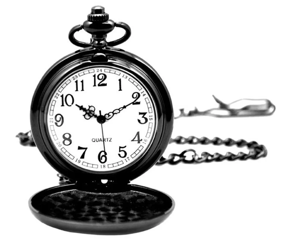 Классический черный гладкий стимпанк карманные часы для мужчин с Fob ожерелье цепочка модные кварцевые часы для мужчин s Wo мужчин s подарок reloj bolsillo