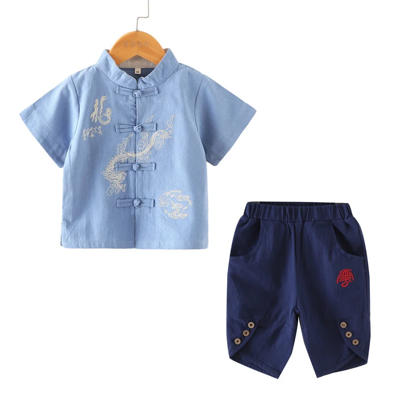 Retro Embroidery Tang Suit Boys Traditional Chinese Clothing T-Shirt+Shorts Cotton&Linen Children Clothes Set 2-10T Kids SL1037 - Цвет: As picture