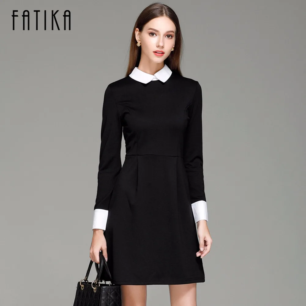 Online FATIKA di Modo di Autunno delle Donne di Inverno Elegante casual Vestito Sottile Collare Del Peter pan Del Collare A Manica Lunga Abiti Neri per Le Donne