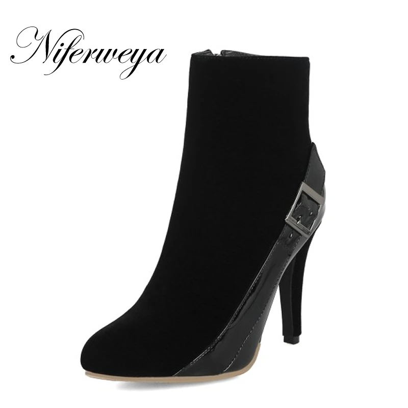 

Sexy Pointed Toe thin heel high heels big size 28-52 Buckle Decoration zipper women shoes winter Ankle boots zapatos mujer