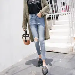2019 новая Корейская Высокая талия рваные джинсы
