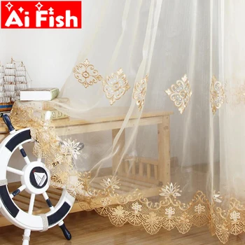 

Beige Yellow Luxurious Lace Fringe Embroidered Sheer Window Door Tulle Curtain For the Living Room Kithchen Drapes AP160-30