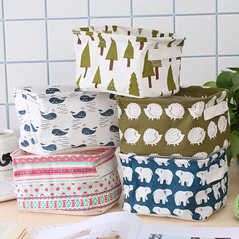 Desktop Storage Box Cute Printing Waterproof Organizer Cotton Linen Sundries Storage Basket Cabinet Underwear Storage Bag