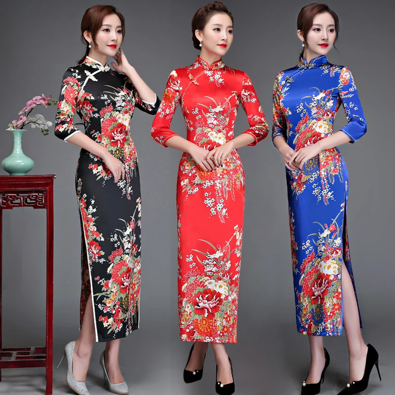 Old Shanghai Elegant Women Satin Qipao Slim 3/4 Sleeve Long Dress Traditional Chinese Mandarin Collar Cheongsam