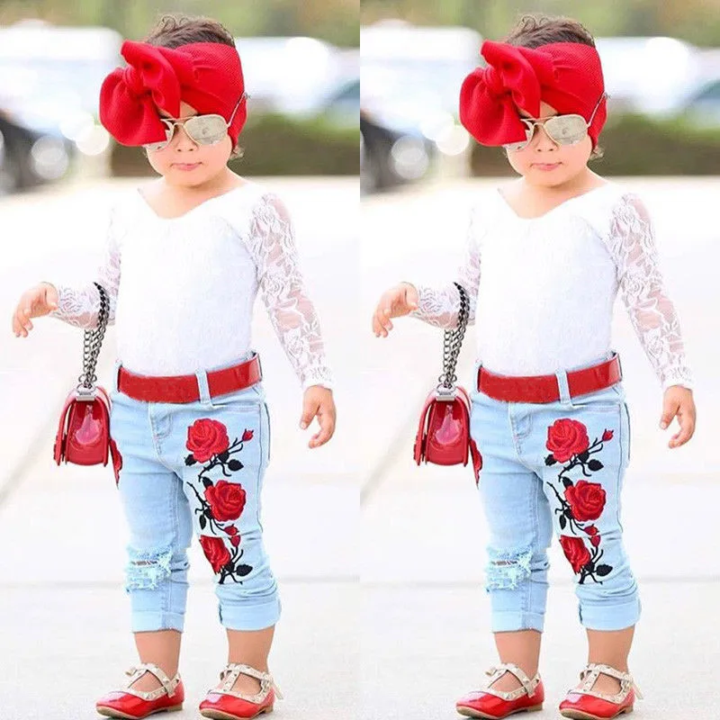 

Newborn Kids Baby Girls Fashion Cute LongSleeve Flower Lace Tops Denim Embroidered Hot Pants Outfits Set Clothes
