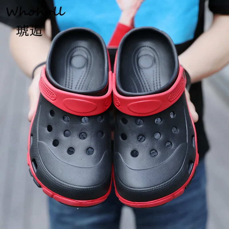 Whoholl 2019 Men Sandals Summer Slippers Shoes Croc Fashion Beach Sandals Casual Flat Slip on Flip Flops Men Hollow Shoes