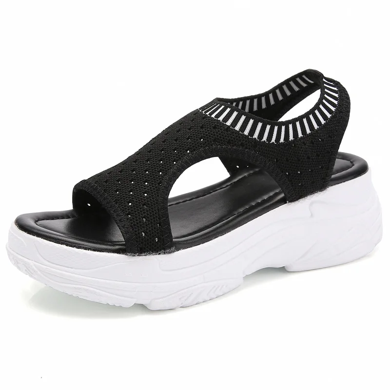

Casual Elasticated Sandals Women Shoes Korean Style Solid Color Thick Bottom Sandals Lady Fish Mouth Mesh Breathable Sandal Shoe
