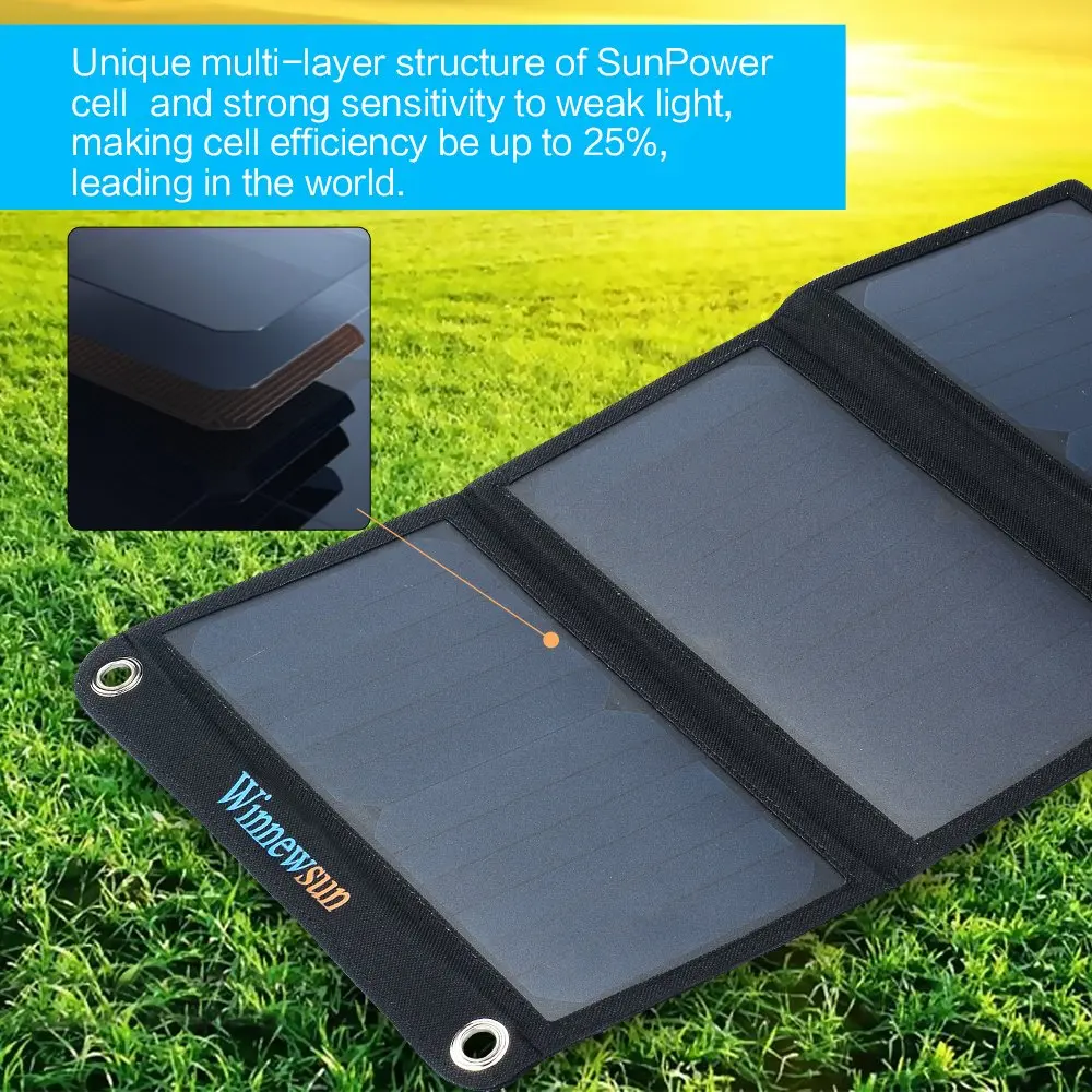 

Winnewsun 21W Solar Charger 5v 2.4A Dual USB Solar Panel Power Charger Foldable Power Bank for Smartphones