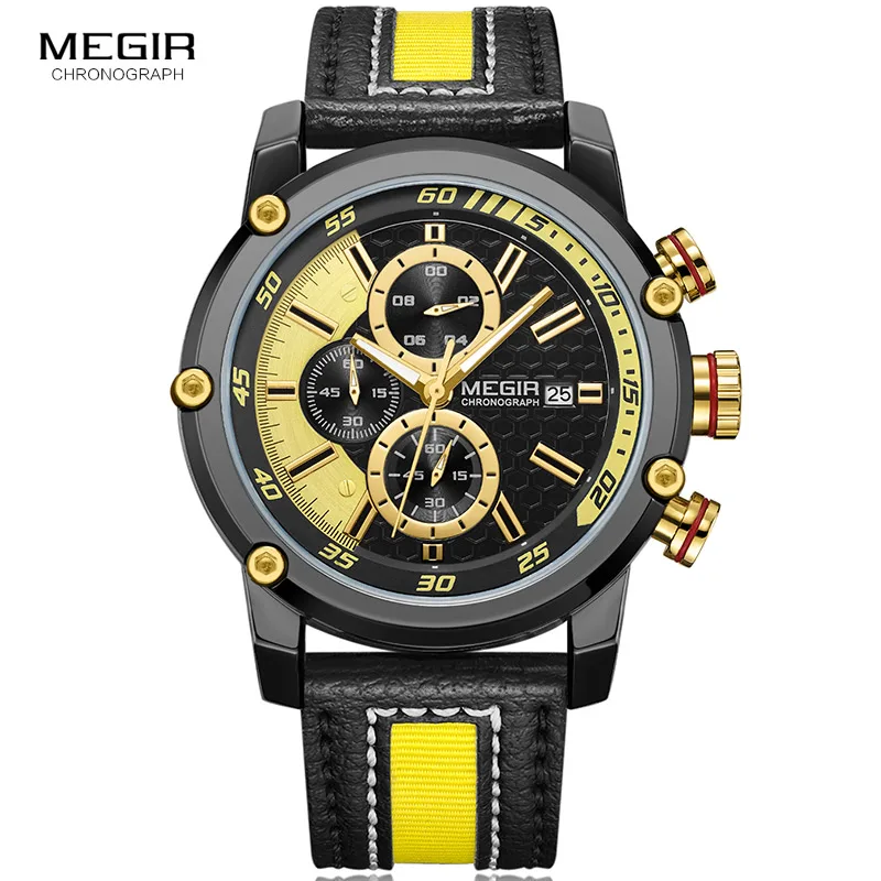 MEGIR мужские Премиум водонепроницаемые светящиеся кварцевые часы модные с кожаным ремешком желтые наручные часы с хронографом для мужчин 2079G1N3 - Цвет: M2079-Yellow-Black