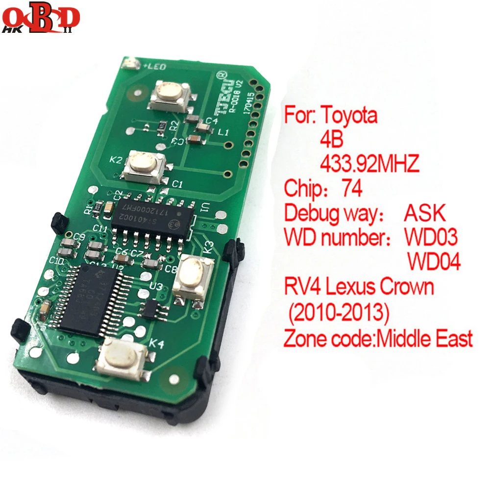 

HKOBDII For Toyota 2010-2013 RV4 Lexus Crown Smart PCB Board 433.92MHZ 4 Buttons NO.A433