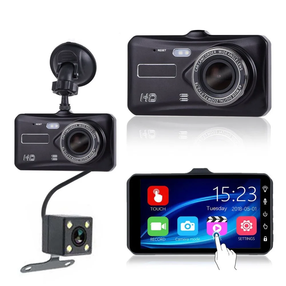Новый 2019 Высокое качество Прочный 4 дюймов 1080 P Автомобильный dvr двойной объектив сенсорный Ccreen Dash Cam видео камера рекордер ночного видения