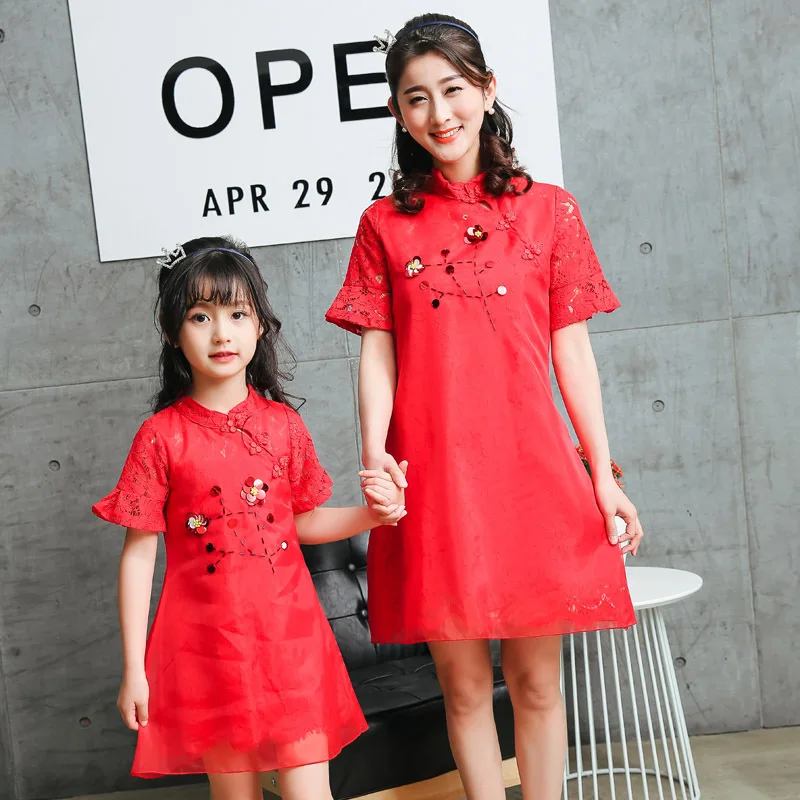 

7092017 summer dresses New Folk Style Lace stitching red cheongsam dress