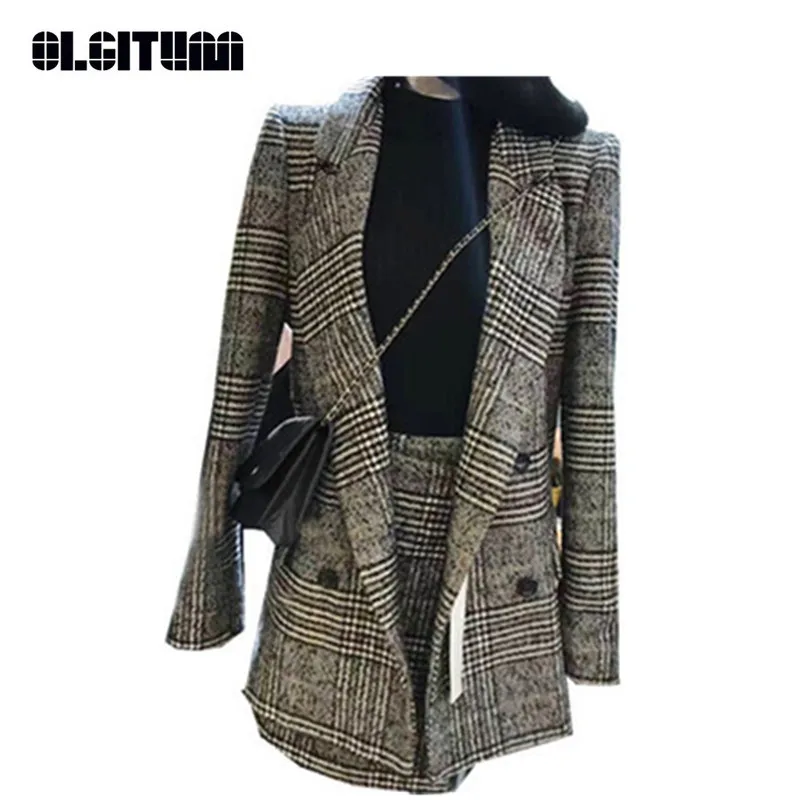 

New 2018 Wool Blazer+ Skirt Two-Piece Set Women Winter Suit Houndstooth Long Sleeve Turn-down Collar Coat Office Lady Elegant