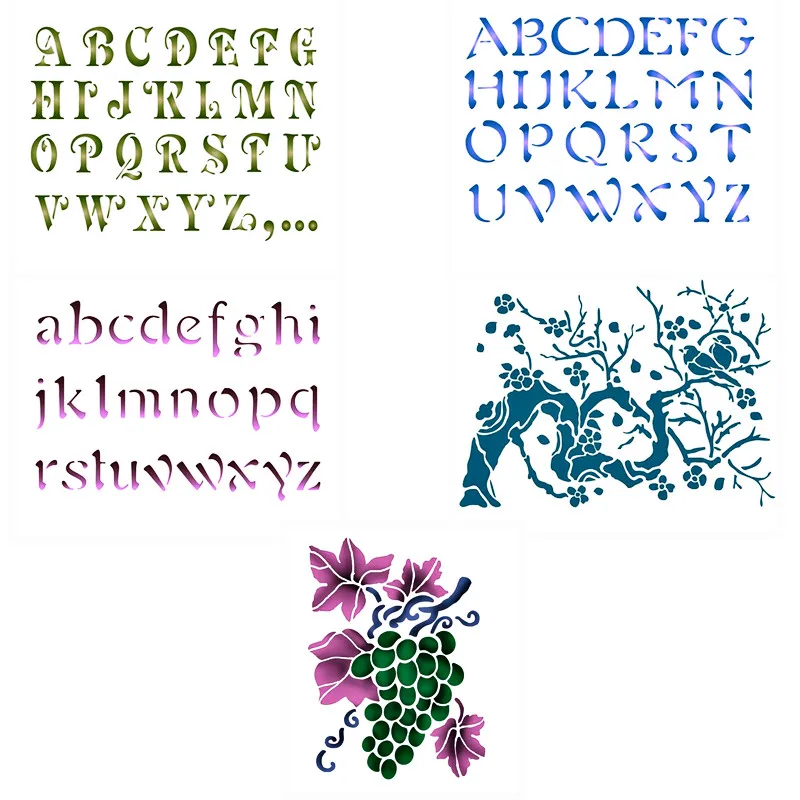 

Set Flower Tree Alphabets Grapes Pattern Plastic Spray Layering Stencils For DIY Scrapbooking Album Decorative Drawing Sheet