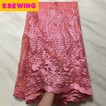 

Esewing African Lace Fabric 2018 Embroidered Nigerian Laces Fabric High Quality French Tulle Lace Fabric For Woman Pink Color