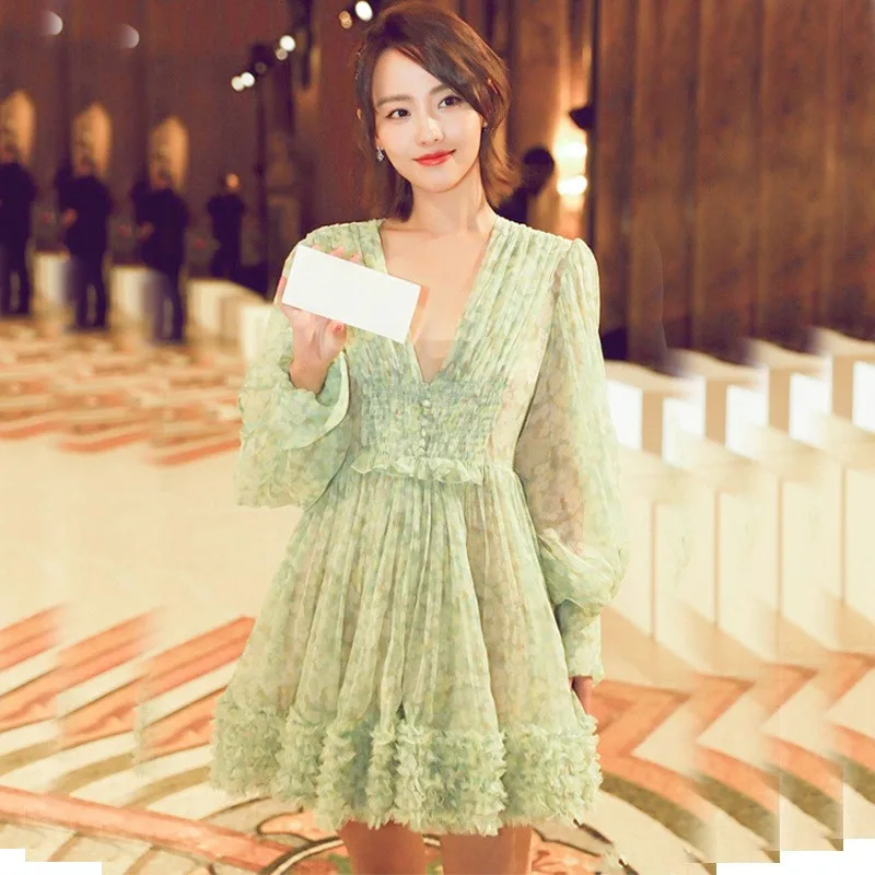 

2019 New Runway light green V-neck floral minni fashion fairy dress summer women Chiffon dresses Vestidos robes