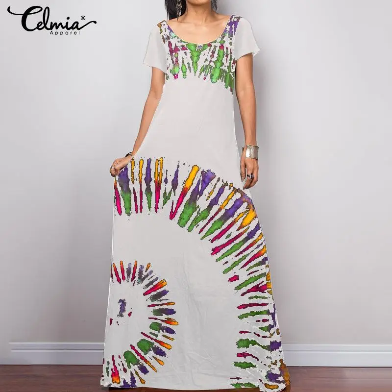 

Plus Size Bohemian Print Dress Women's Sundress 2019 Celmia Summer Short Sleeve Casual Loose Maxi Long Vestidos Beach Robe Femme