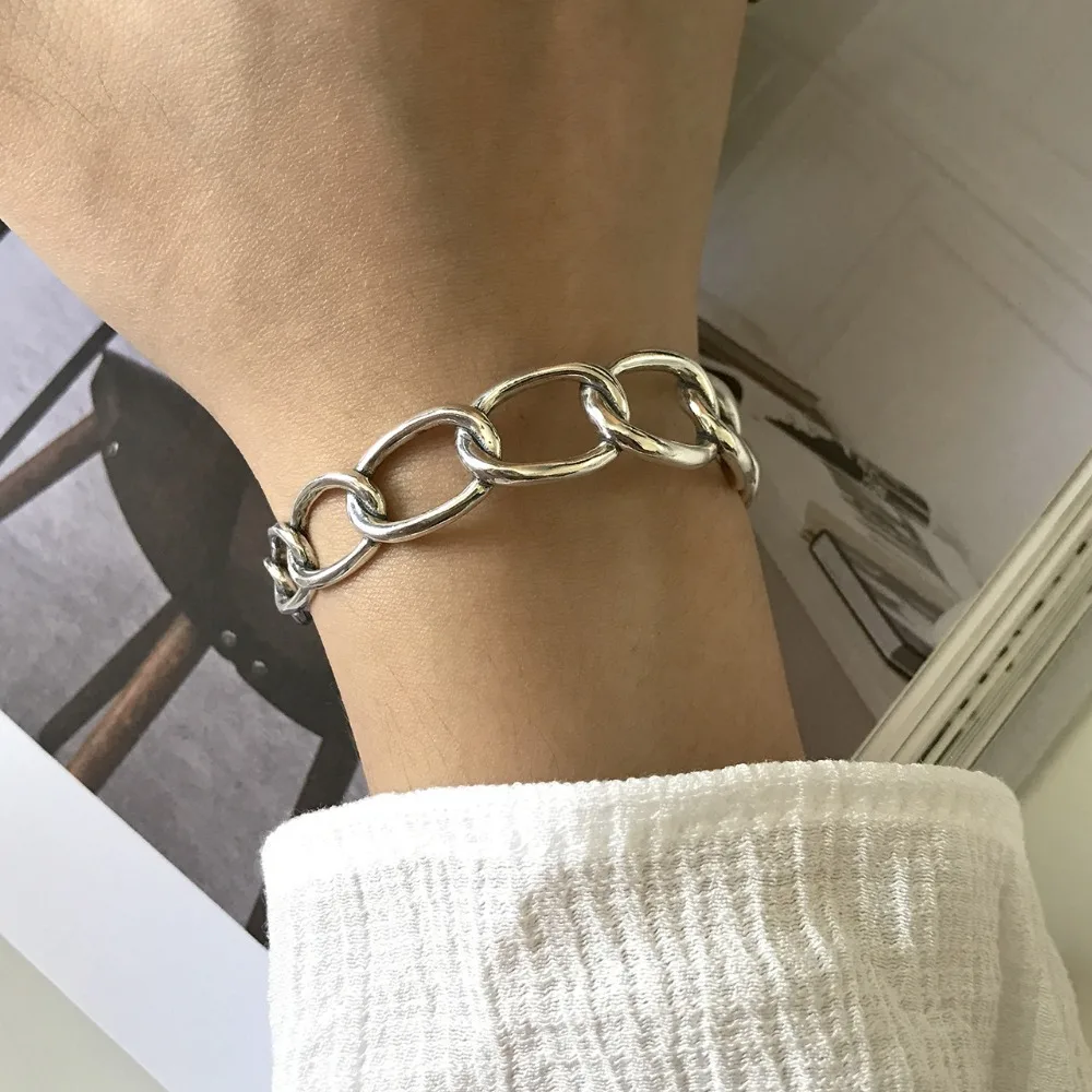 

Authentic 925 Sterling silver wide big chain CUFF bangles silver simple wild temperament open bangles for women XLS83