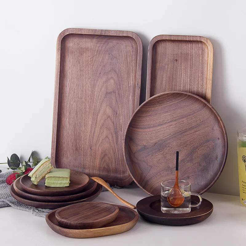 

Black Walnut Wood Pan Plate Fruit Dishes Saucer Tea Tray Dessert Dinner Bread Pizza Rectangle Wood Plate Tea tray