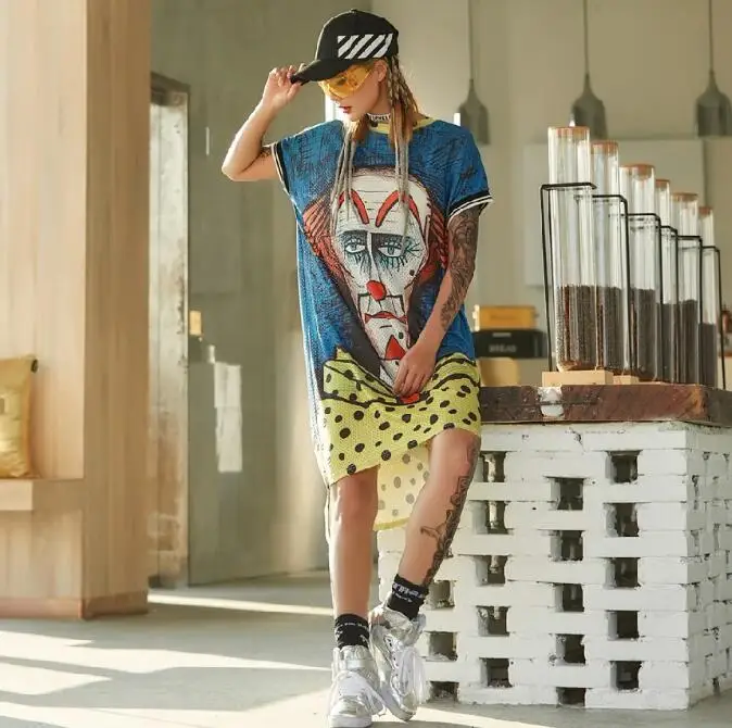 

New Tee Shirt Women Dresses Cartoon Printed Loose Short Sleeve Straight Dress Streetwear Hip Hop Dance Clothes
