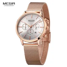 MEGIR Women Stainless Steel Mesh Bracelete Quartz Watches Chronograph 24 Hours Date Display Analogue Wristwatch for Lady 2011L megir man s analogue chronograph quartz watch with stainless steel bracelete luminous wristwatch for boys calendar 24 hour 2064g
