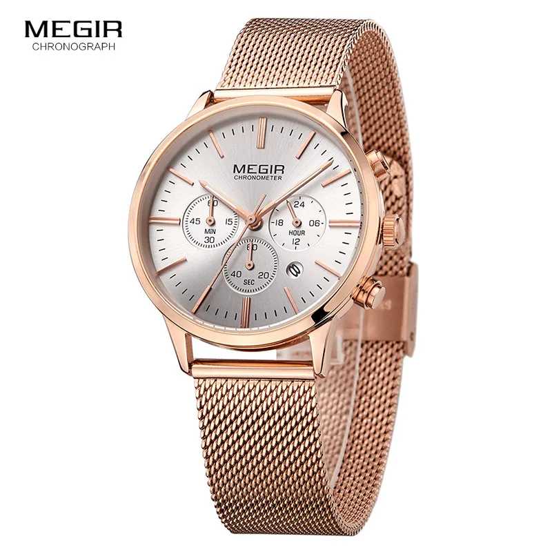 Relógio de Pulso para Senhora Megir Mulher Inoxidável Malha Bracelete Quartzo Relógios Cronógrafo 24 Horas Data Exibição Analógico 2011l Aço